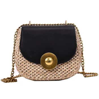 

Straw Round Small Bag Weave Folk Simple Shoulder Crossbody Bag Black