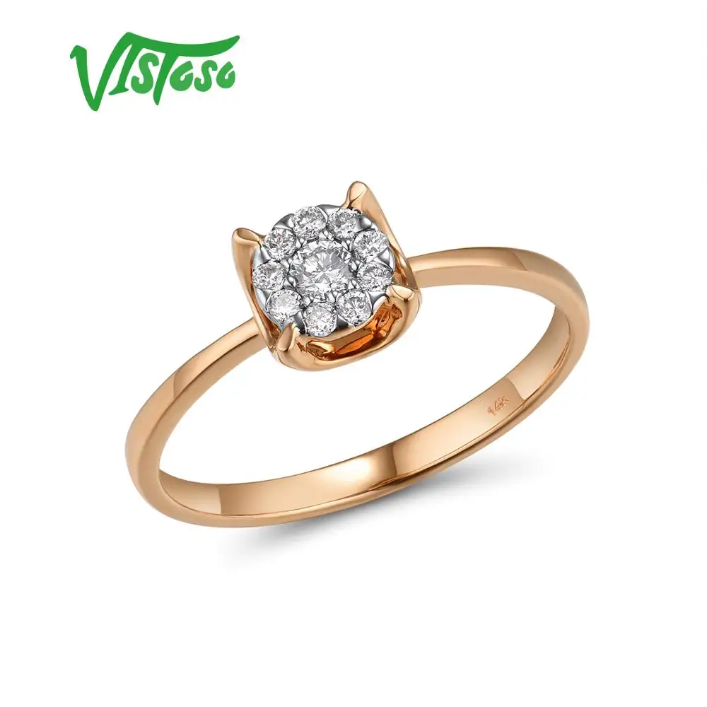 

VISTOSO Pure 14K 585 Rose Gold Sparkling Diamond Delicate Round Cirle Ring For Women Engagement Anniversary Trendy Fine Jewelry