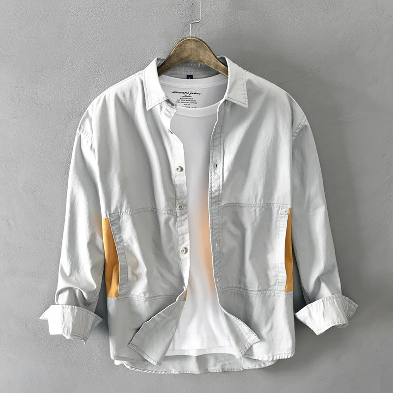 

Pure Cotton Contrast Color Men's Shirts Long Sleeve Fashion Streetwear Spring Autumn Casual Shirt Male Tops Cothing Gray Y3429
