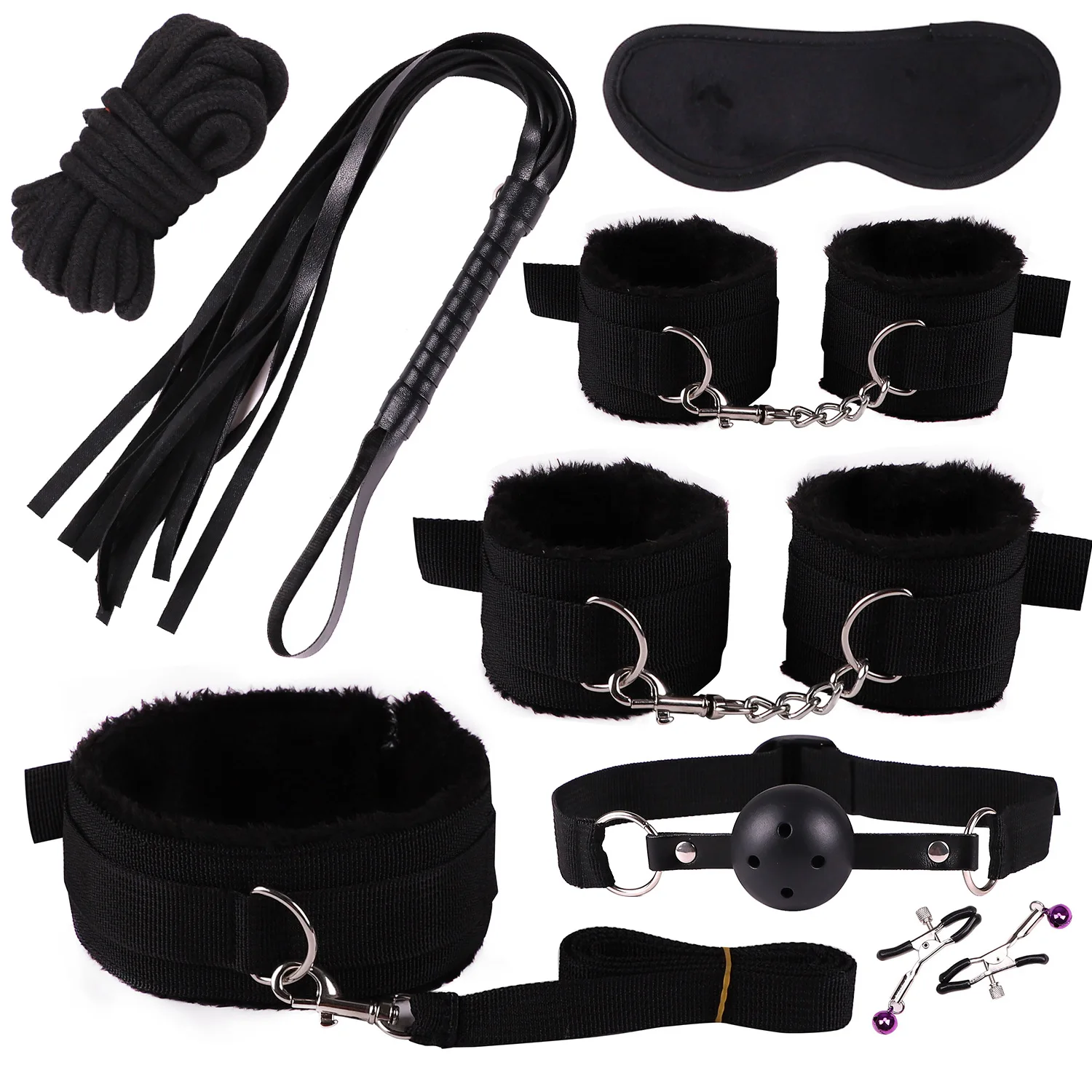 Bondage Kit Fetish Sex BDSM Sex Toys Cuffs Rope Whip Nipple Clamps Mask  Ball Gag