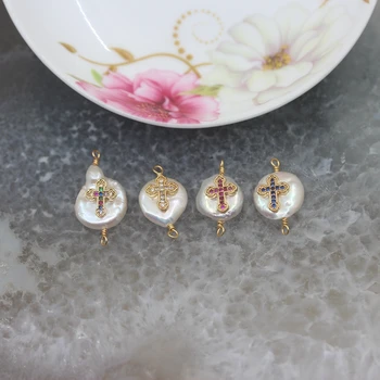 

Multi colors Paved CZ Crafts Pearl connector Making 11-16mm,Flat Round cross shape Freshwater Pearl Necklace Charms Jewelry 5Pcs