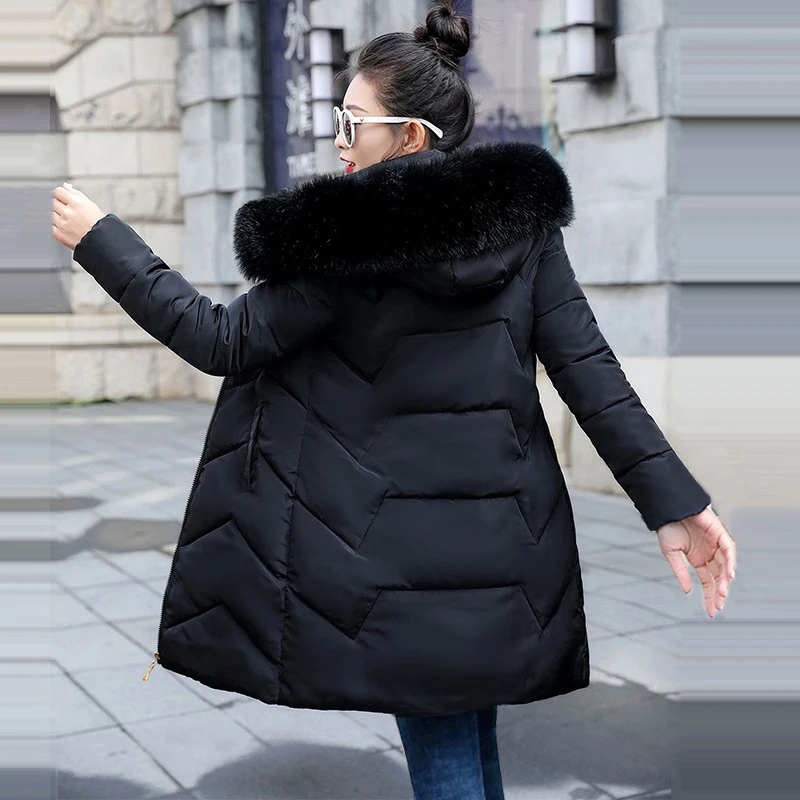 Европейская мода, черная зимняя куртка для женщин, большое меховое пальто, женская куртка, зимняя длинная хлопковая парка с капюшоном, теплые куртки, новинка - Цвет: black