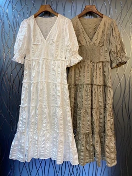 

2020 Spring and Summer New Women's V-neck Wrinkled Decorative Solid Color Short Sleeve Long Dress 528