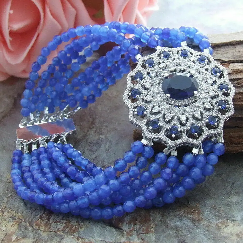 

8" 8 Strands Faceted Blue Jade Bracelet Zircon Connector