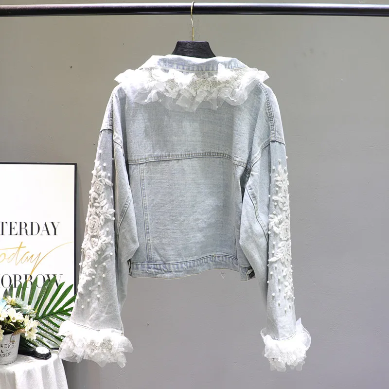 Светло-голубые женские джинсовые куртки весна-осень Новое модное с кружевной вышивкой Цветочная вышивка свободные короткие джинсовые куртки девушки леди