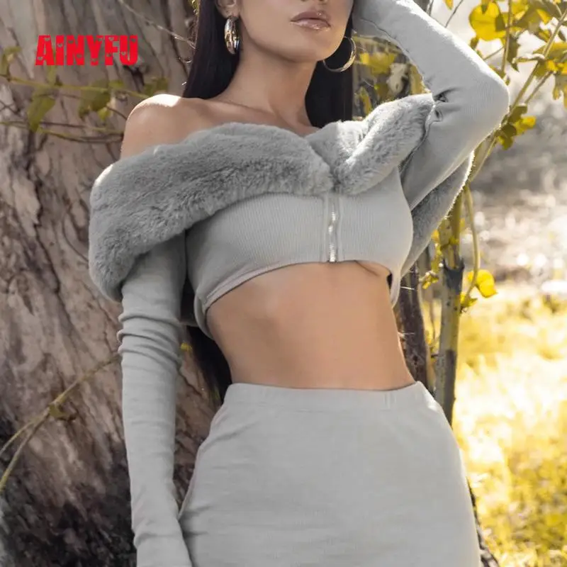 Lange Mouwen Slash Neck Sexy Ritsen Crop Tops Mini Rok Vrouwen 2 Stuks Set Bont Solid Office Dames Outfits Herfst winter Femme Lange Mouwen Slash Neck Sexy Ritsen Crop Tops Mini Rok Vrouwen 2 Stuks Set Bont Solid Office Dames Outfits Herfst winter Femme