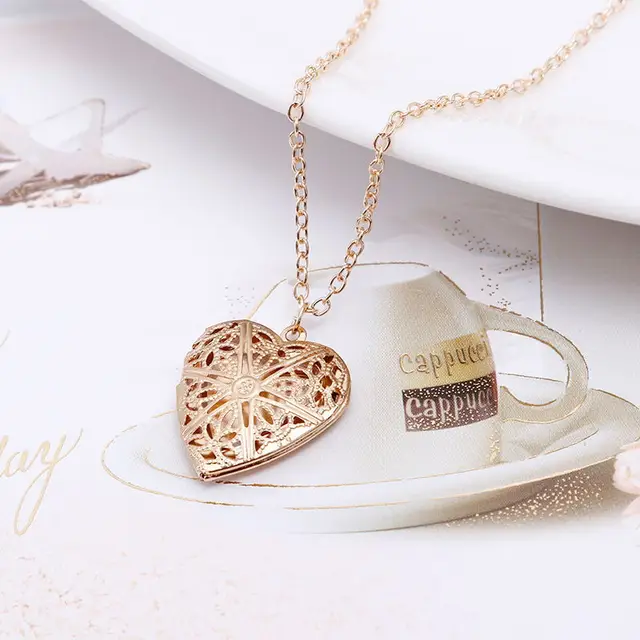 Collar de cadena de amor con corazón de melocotón dulce para mujer, Collar con colgante de caja de fotos en forma de corazón con apertura y cierre grabado hueco 3