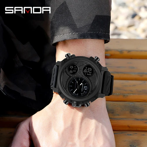 SANDA-남성용 3 시간 디스플레이 쿼츠 시계 LED 스포츠 디지털 시계, 50m 방수 전자 손목 시계 알람 시계 5