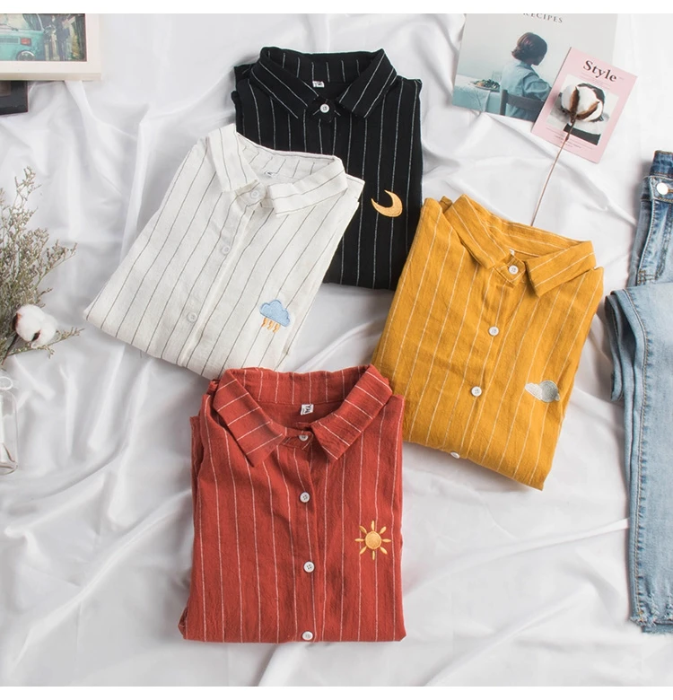 New Cotton Linen Summer Autumn Blouse Women Kawaii Weather Embroidery Ladies Sweet Striped Tops Shirt Korean Loose Blusas Mujer