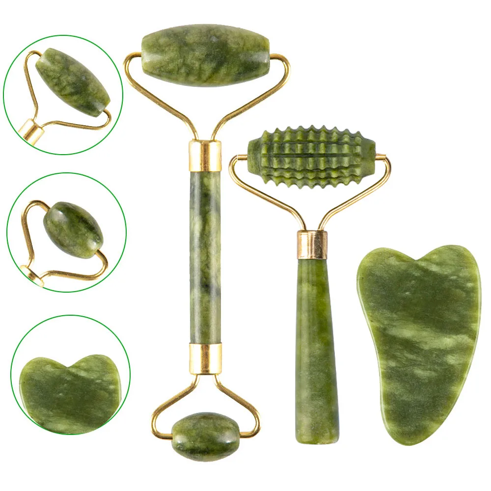 Rodillo de Jade para masaje Facial, masajeador verde de piedra Natural, levantamiento de cuello y cara, herramientas de cuidado de la piel, 2 uds.