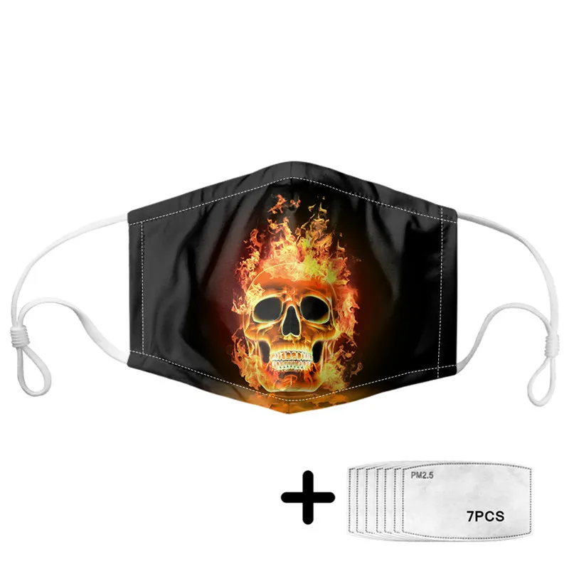 3D Fire Punk Skull Pattern Reusable Dust-proof Mask for Men Black Face Mouth Masks 7pcs PM2.5 Filters Printed Mascarillas | Аксессуары