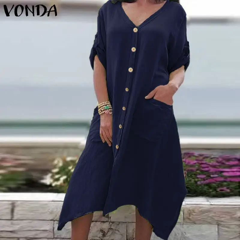 VONDA, женское осеннее длинное платье макси, модное женское сексуальное платье с v-образным вырезом и пуговицами, платье-рубашка с длинным рукавом, вечерние платья размера плюс, женское платье