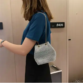 

Women Evening Bag Full Rhinestones Mini Bucket Bag Shining Crossbody Bag