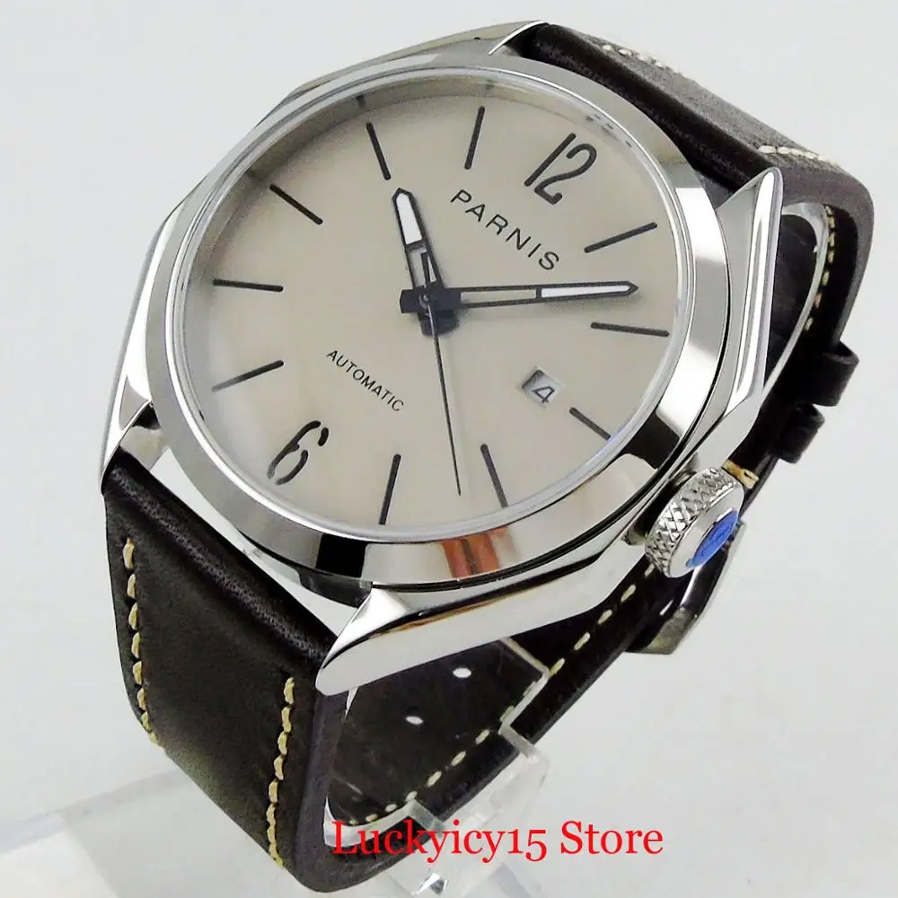 PARNIS Dress 3 Models New Arrival Sapphire 43mm Polished Automatic Men Wristwatch Automatic Movement Date Window Leather Strap - Цвет: model 1