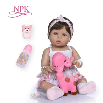 

Npk 47cm recém nascido bebe boneca renascer bebê menina boneca em pele tan corpo inteiro silicone banho brinquedo bonecas natal