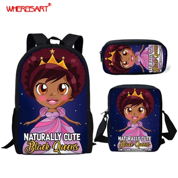 

WHEREISART 3 PCS/SET Girl Cartoon Kids School Bag for Child Naturally Cute Black Queen African Little Baby Princess Backpack