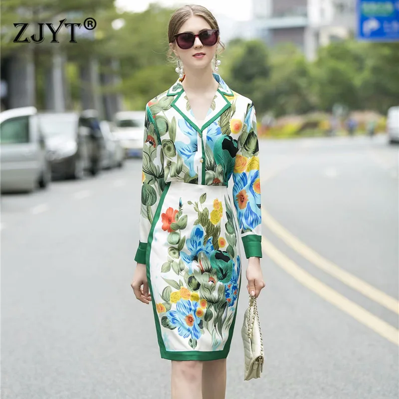 Весенний Модный комплект для подиума, женский элегантный женский комплект из 2 предметов: блузка с отложным воротником и цветочным принтом и юбка-карандаш