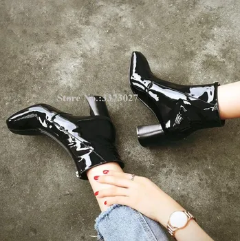 

Black Patent Leather Chunky Heel Short Boots Woman New Zipper Decor Thick Heel Ladies Ankle Boots Fashion Knight Boots