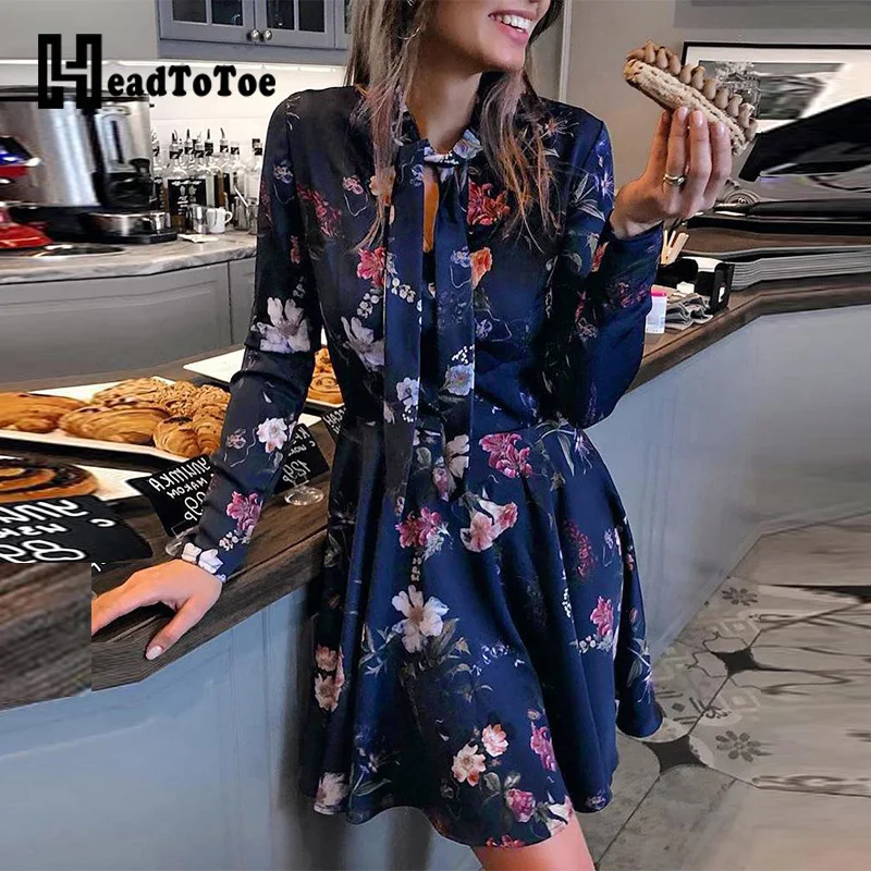

Vintage Floral Print Tied Neck Women Casual Dress Long Sleeve Ladies Elegant Office Workwear Dresses
