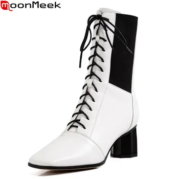

MoonMeek 2020 New arrival ankle boots genuine leather boots fashion square toe high heels ladies shoes women boots