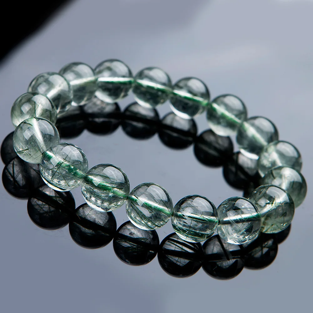 Genuine Brazil Natural Green Rutilated Quartz Gemstone Bracelet 12mm For Women Female Stretch Crystal Round Bead Bracelet AAAAA