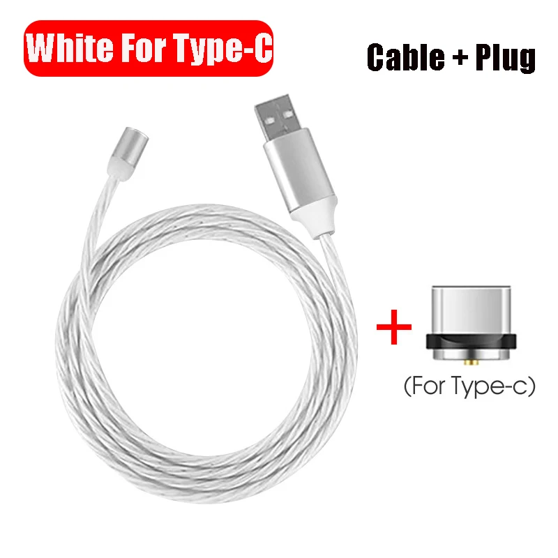 White For Type C 1 м Магнитный зарядный кабель для мобильного телефона Micro usb type C, светящийся светильник, провод для iphone, Samaung, huawei, светодиодный Kable - Цвет: White For Type C