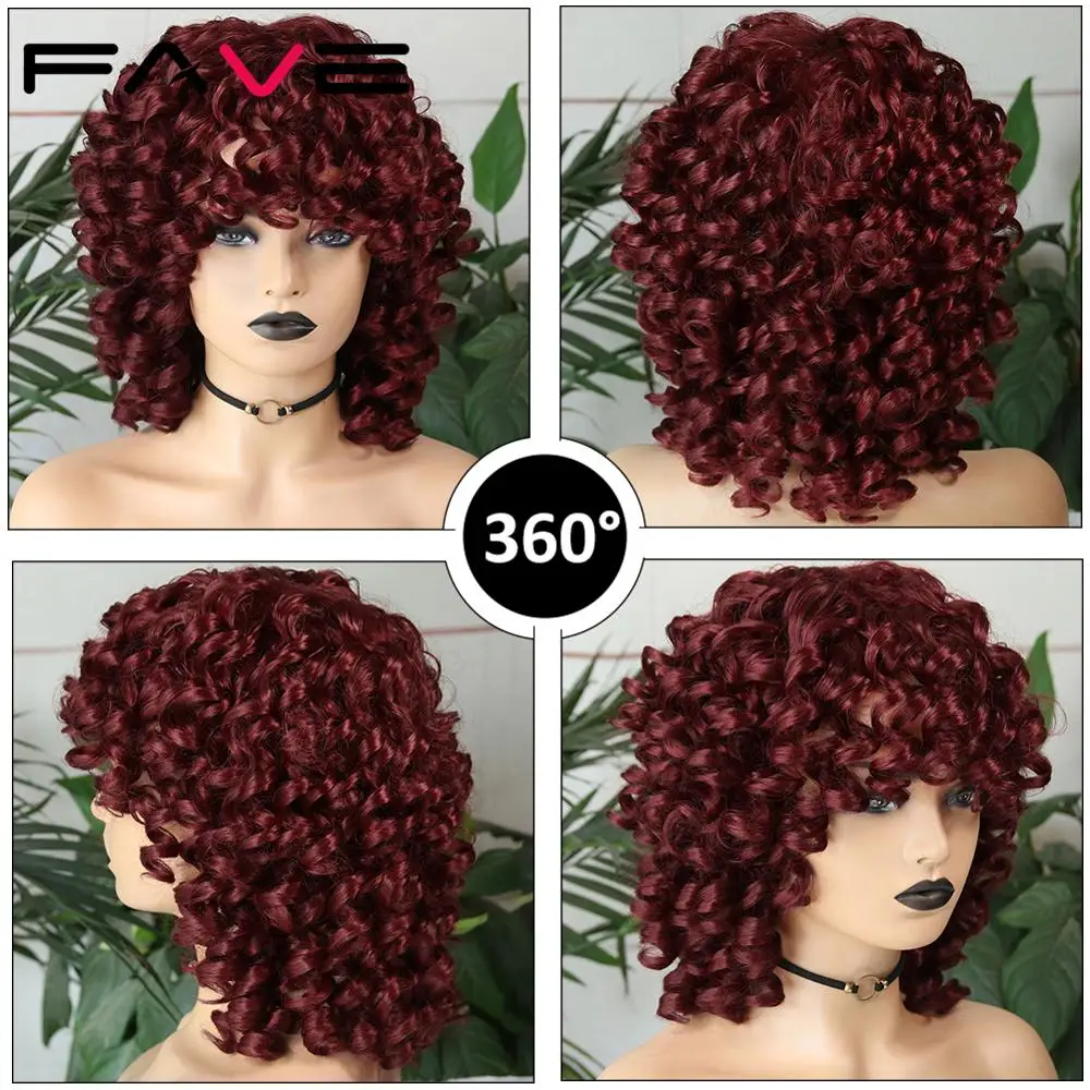 FAVE Afro Kinky Curly Wig With Bangs Black Red Synthetic Hair Shoulder LengthHeat Resistant Fiber For Africa America Black Women