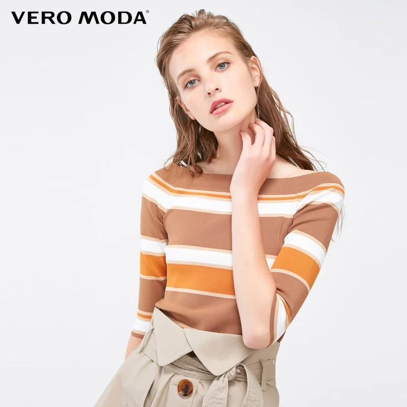 Vero Moda зимний женский облегающий свитер вырезом в полоску 3/4 рукавами | 319124508