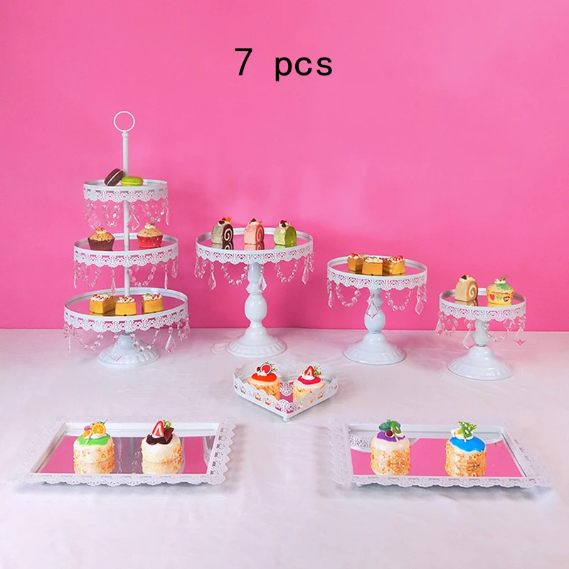3-18pcs White Metal Cake Stand Set Mirror Crystal Cake Stands Dessert Display Wedding Cupcake Stand with Simple Design - Цвет: mirror 7 pcs