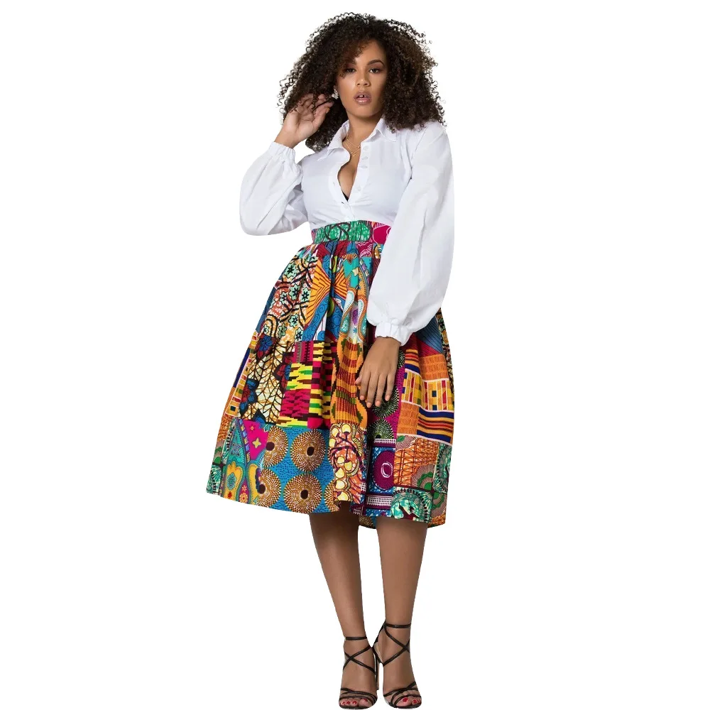 Contrast Color Multi-Element Printing High Waist Fashion Skirts Hot Sale Street Hipster Women Knee Length Skirts SMN3134G