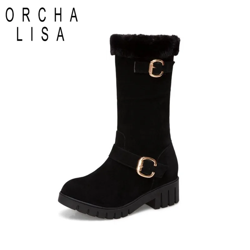 

ORCHA LISA Women Fur Boots Ladies Winter Shoes Woman Casual Knee Boots Keep Warm slip on shoes Snow Boots Black Big Size 32-43