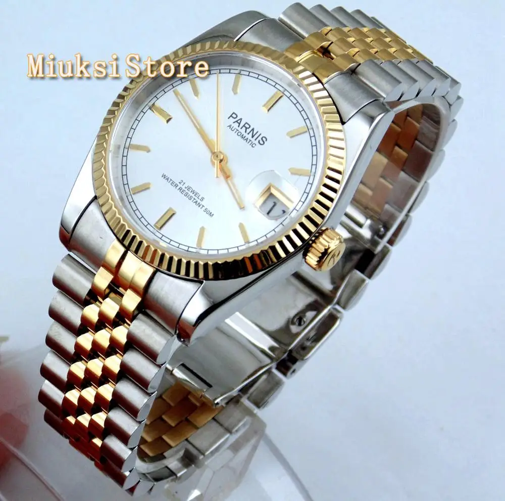 Parnis 36 мм топ роскошные часы с сапфировым стеклом Белый Цвет Циферблат 21 драгоценности miyota светящиеся знаки автоматические женские часы - Color: B style