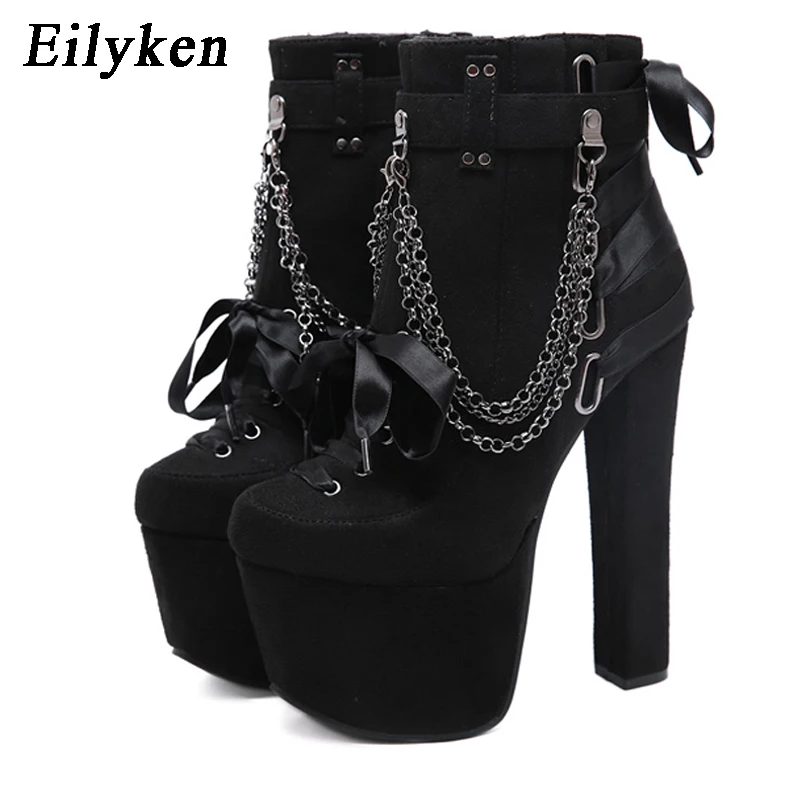 

Eilyken Fashion Women Winter Boots Chain Design Platform Super High Heels Ankle Boots Short Plush Size 34-40 Motorcycle Boots