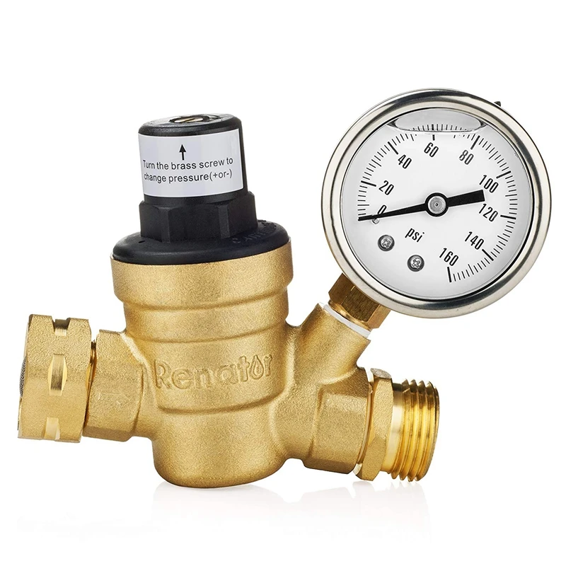 

M11-0660R Water Pressure Regulator Valve. Brass Lead-Free Adjustable Water Pressure Reducer with Gauge for RV Camper, and Inlet