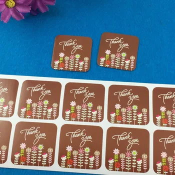 

500PCS/Lot 3.5*3.5cm Square Brown "Thank you" Sticker Labels With Flowers Design Adhesive Label For manicure/Wallpaper/notebook