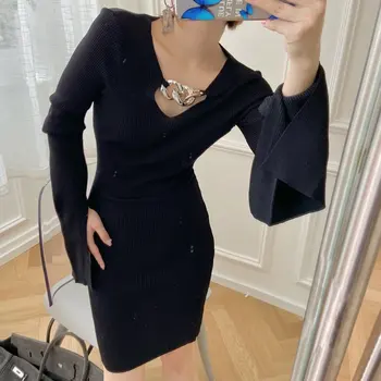 

2020FW Luxury High Quality Women Chain Long Sleeve Black Slim Dresses Ddxgz2v 9.30