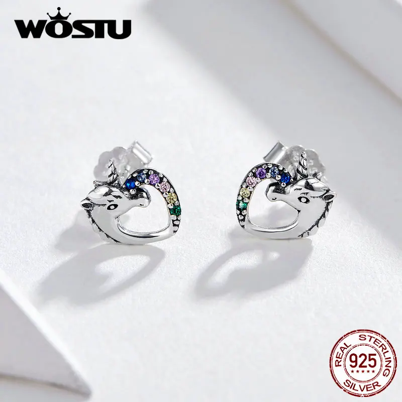 Женские серьги гвоздики WOSTU Licorne с единорогом 100% Стерлинговое Серебро 925 пробы