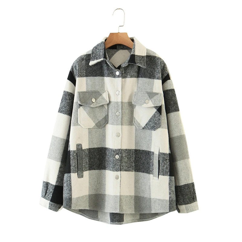 

European and American fashion lapel single-breasted check woolen coat loose large size check woolen shirt 2020 women's clothing