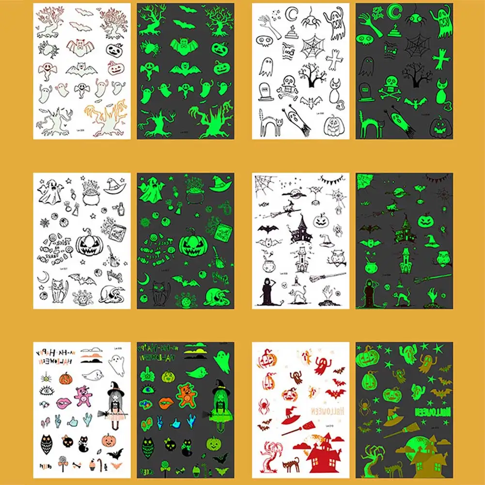 Временные тату наклейки Хэллоуин Светящиеся Татуировки Призрак для детей поддельные татуировки ведьмы Светящиеся в темноте водонепроницаемые временные