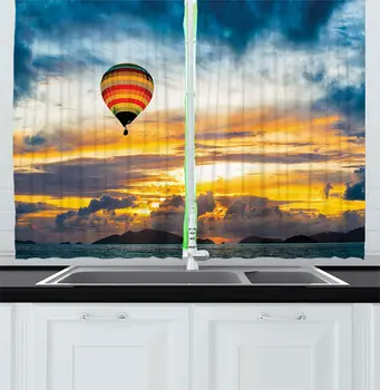 

Skyline Kitchen Window Curtains Hot Air Balloon in Dusk Air Over The Sea Cloudscape Sunrise Recreation Image Window for Kitchen