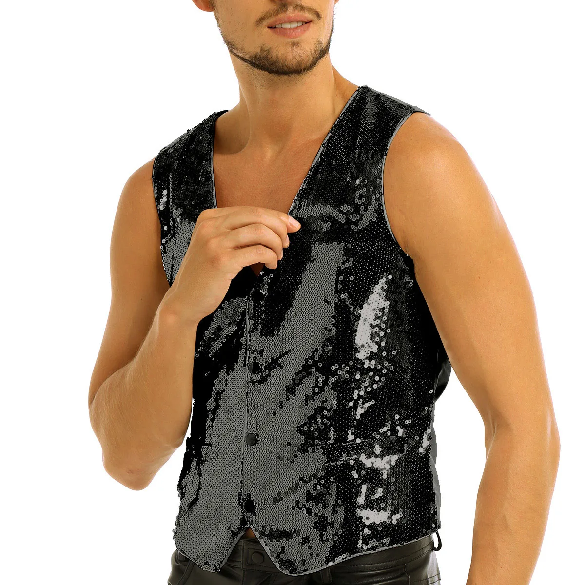Men Shiny Sequin Tank Top Rave Disco Dance T-Shirts Vest Clubwear Party Costume 