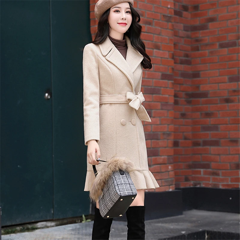 Beige Длинное шерстяное Женское пальто осень зима Модное Новое Кружевное двубортное шерстяное пальто в стиле юбки женская верхняя одежда - Цвет: Beige