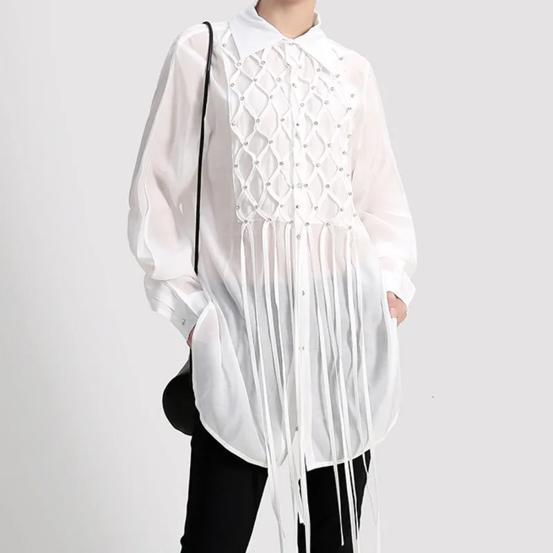 

MEVGOHOT Woman White Geometric Drawstring Long Sleeve Hollow Out Mesh Shirt Plus Size Autumn Fashion Blouse Feminino HW062
