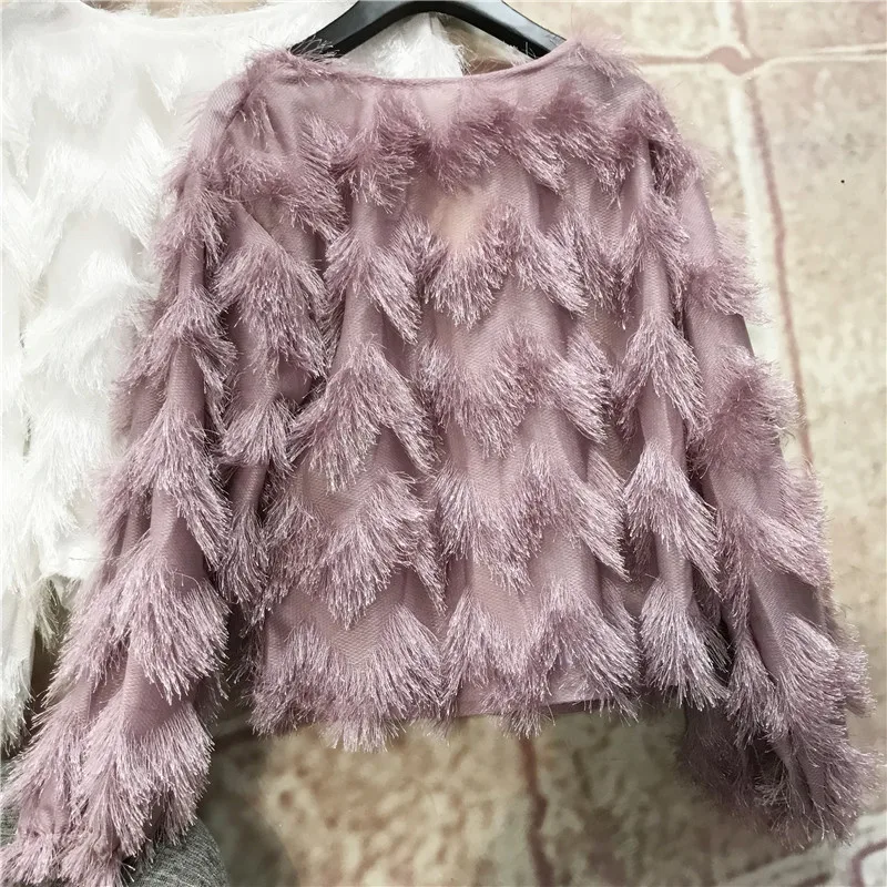 Purple pink Neploe/осенне-зимняя Новая Элегантная блузка с рукавом-фонариком для женщин с длинным рукавом и кисточками, Blusas Femme, с круглым вырезом, короткая рубашка 46429 - Цвет: Purple pink