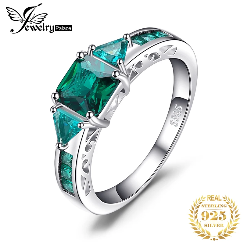 

JewelryPalace 3 stone Created Nano Emerald Ring 925 Sterling Silver Rings for Women Engagement Ring Silver 925 Gemstones Jewelry