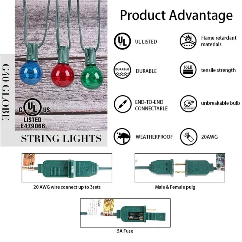 Фонари для патио G40 глобус вечерние рождественские гирлянды свет водонепроницаемый с несколькими цветами Для Декоративного наружного двора свадебный свет