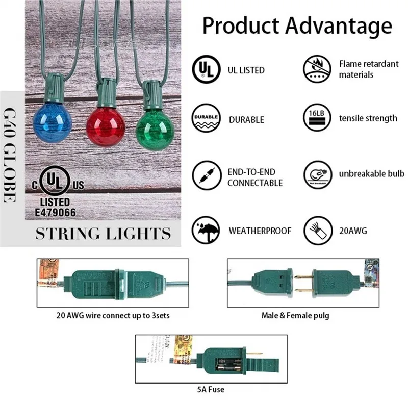 Luzes do Pátio Festa de Natal à Prova Água com Multi Cores para a Decoração de Casamento Quintal ao ar Luz da Corda Globo Livre G40 d' Luz 6 Água com multi cores Para A Decoração