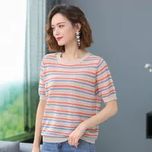 Summer Cotton Linen Cross Striped Blouses Women Red Blue Contrast Color Stripe Short Sleece Round Collar Tops Woman Casual Wear Summer Cotton Linen Cross Striped Blouses Women Red Blue Contrast Color Stripe Short Sleece Round Collar Tops Woman Casual Wear