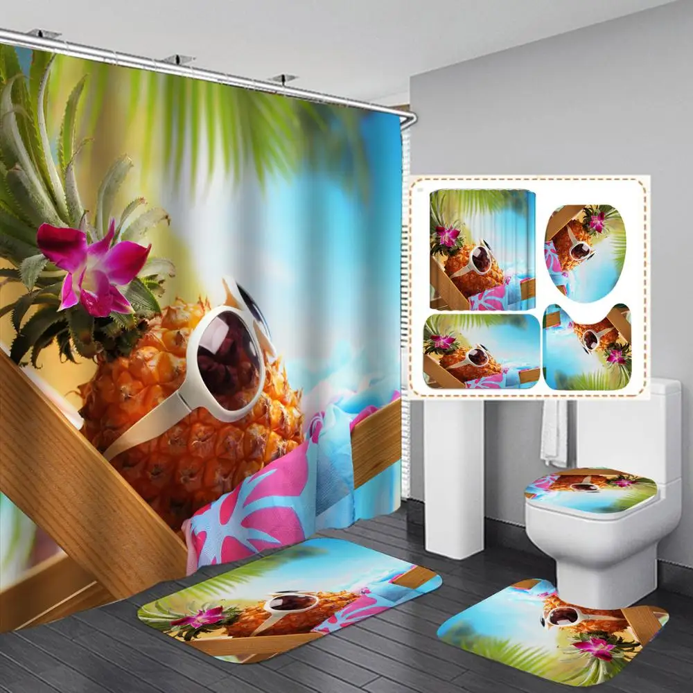 

Pineapple 4 Pcs/set Bathroom Shower Curtain and Toilet Carpet Anti-slip Mat Tropical Fruit Shower Curtain Bathroom Accessories