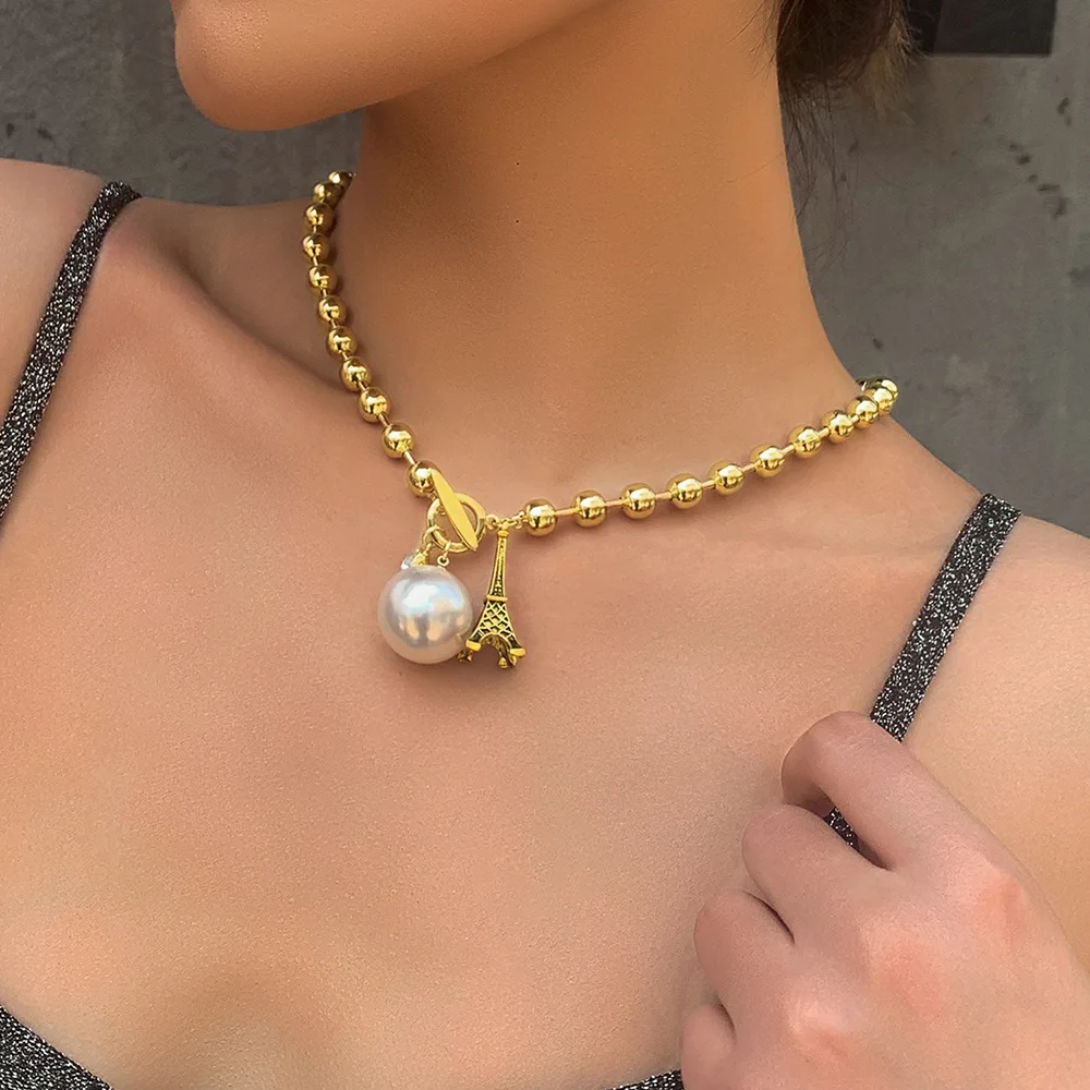 

YAAYOO French Eiffel Tower Pendants Imitation Pearl Rhinestone Gold Beads Chain Statement Necklace Accessories Jewelry For Women